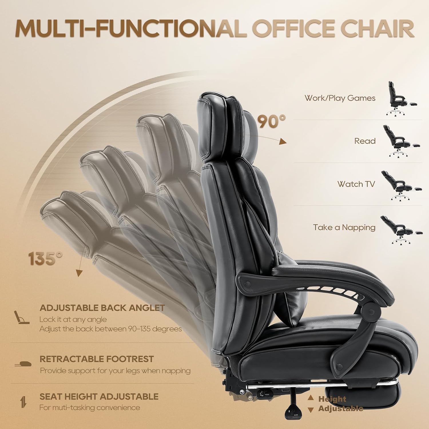 Thumbnail 6 de COLAMY 6754 Office Chair with Retractable Footrest, Reclining Back and Bonded Leather