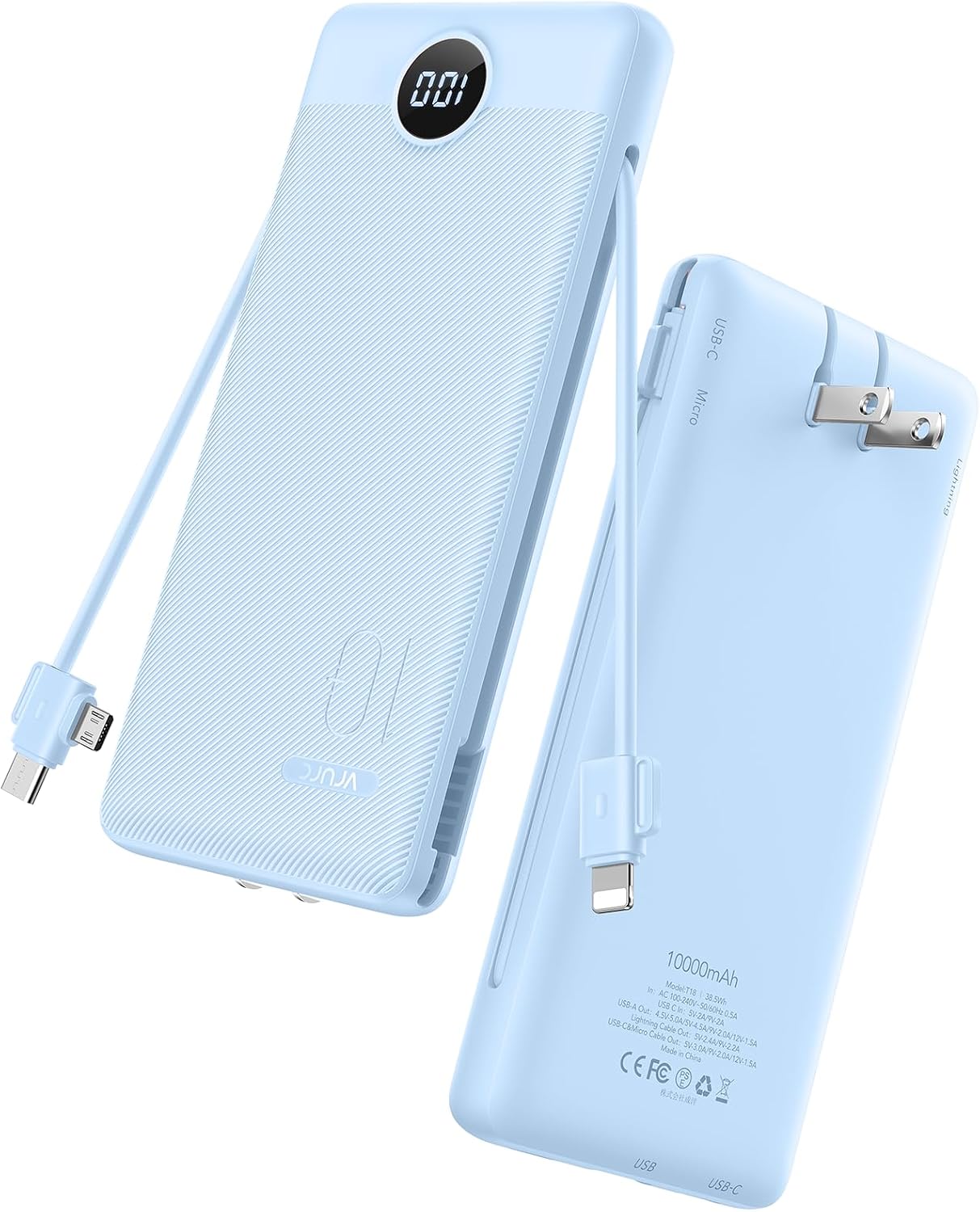 Detalle de VRURC T18 Portable Charger, 10,000mAh, 22.5W Fast Charging and Built-In Cables