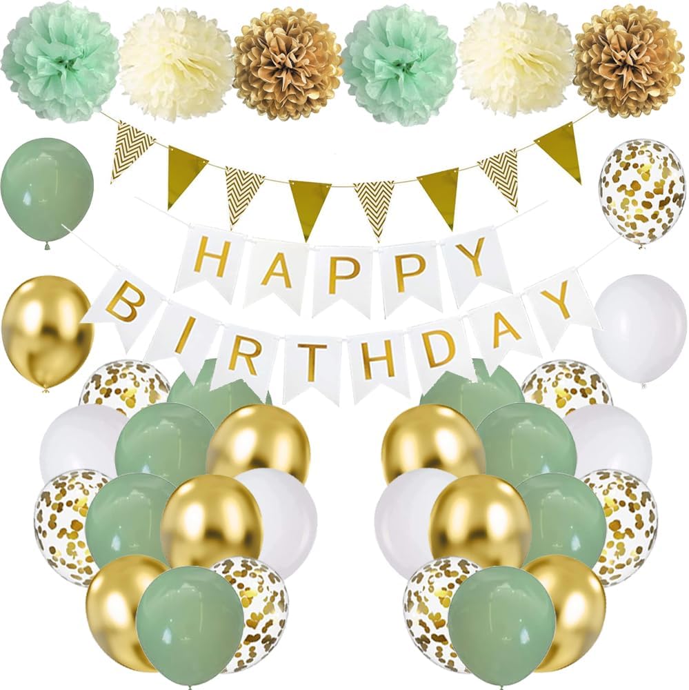 Detalle de Geburtstagsdeko Grün Gold – Happy Birthday Banner, Pompons und Luftballons im Salbeigrün-Gold-Set