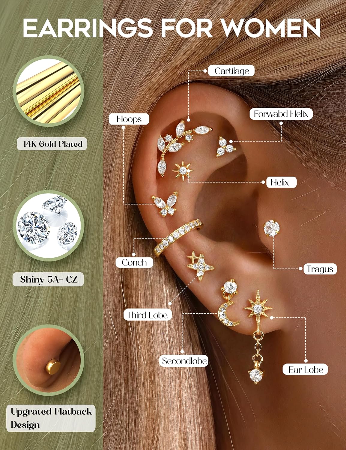 Detalle de CASSIECA 21er Helix Piercings Set aus Chirurgenstahl – Goldbeschichtung, Zirkonia & Flachverschluss