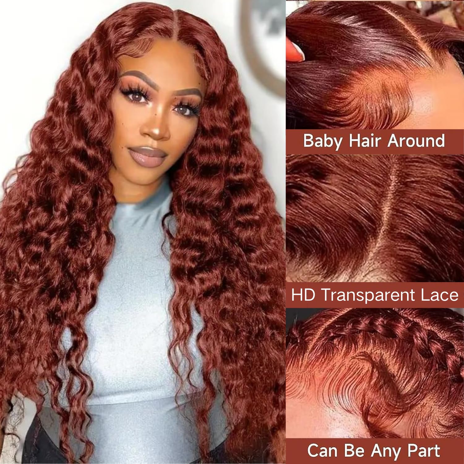 Detalle de AAKJJ Deep Wave Lace Front Wig — 34 Inch, 13x4 HD Lace, Copper Auburn, 200% Density, 100% Human Hair