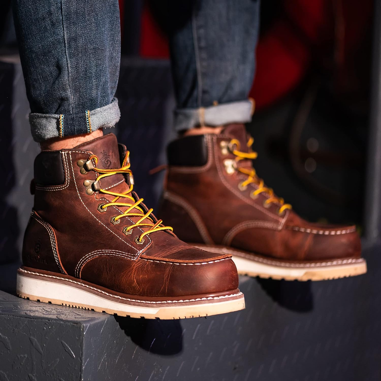 Detalle de SL-Saint Bottes de travail imperméables Steel/Soft Moc Toe Classic Goodyear-welted 6'' pour hommes – Marron
