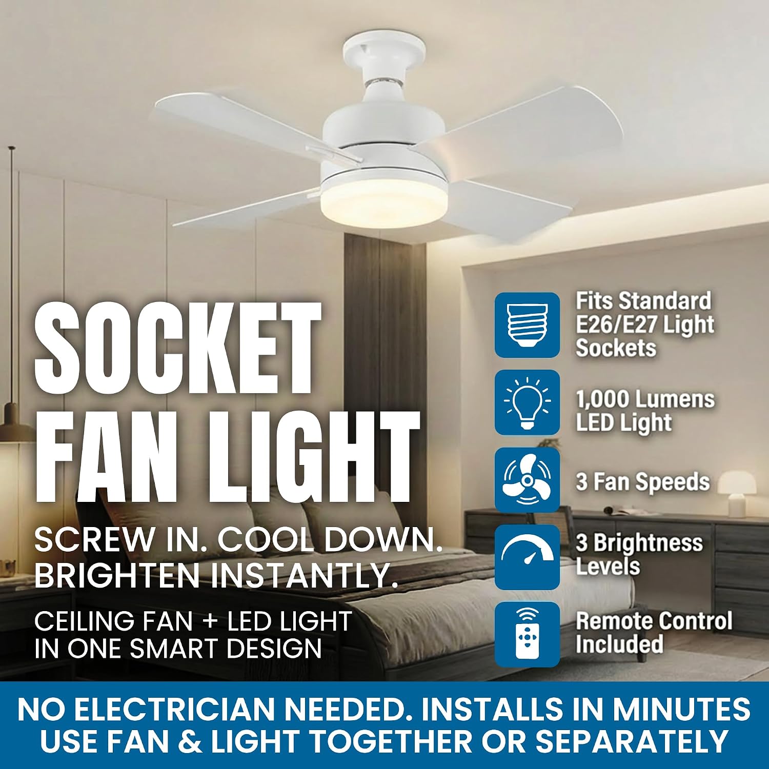Detalle 2 de Bell+Howell Socket Breeze 15.4" Socket Fan Light with Remote Control