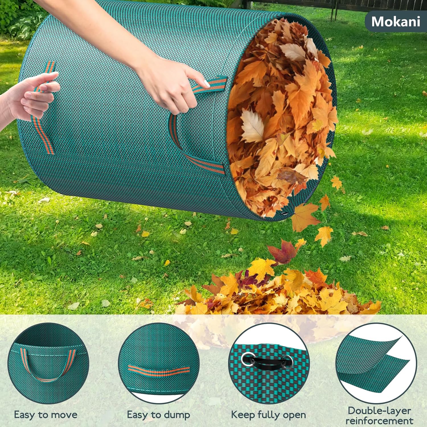 Detalle 2 de Mokani sacchetti per rifiuti da giardino da 120 l (con manici) – 3 sacchi riutilizzabili e pieghevoli