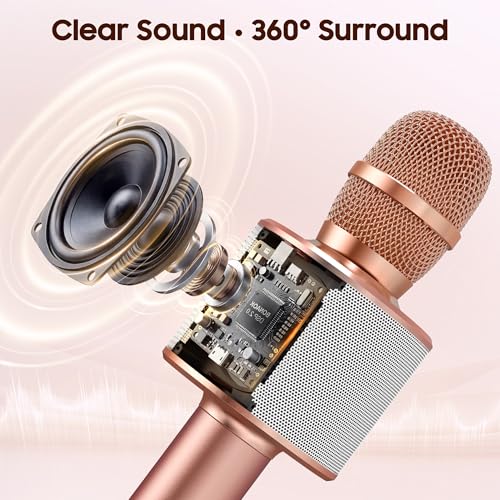 Detalle 2 de BONAOK Wireless Bluetooth Karaoke Microphone (Q37 Rose Gold) – 3-in-1 Portable Mic, Speaker, and Recorder
