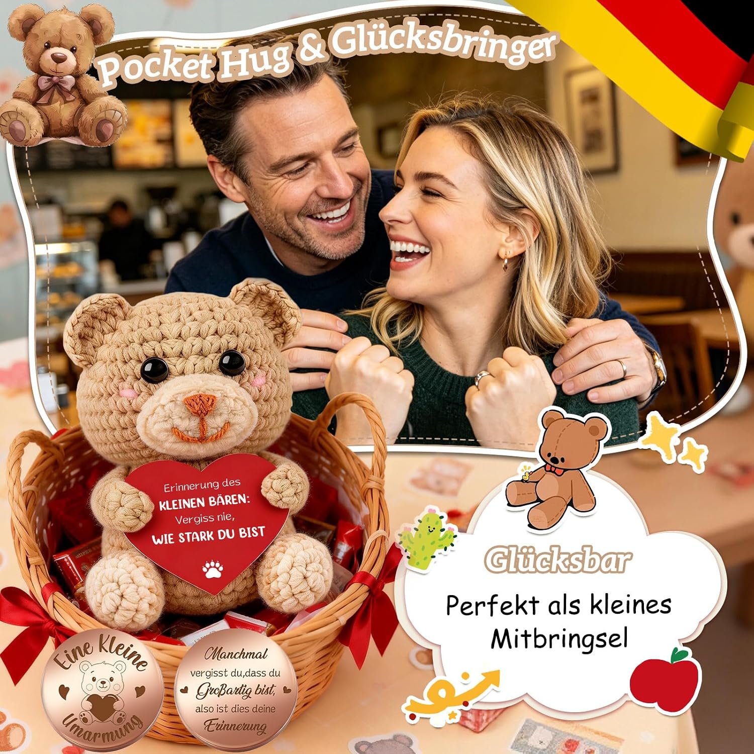 Detalle de Giftota Gute Besserung Geschenk – Handgehäkelter Bär mit Glücksbringer & Lederetui