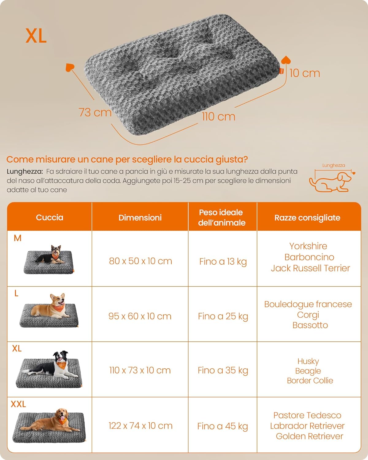 Detalle de Feandrea Cuccia per Cani XL 110 x 73 cm: letto a cuscino in peluche grigio ardesia con imbottitura soffice