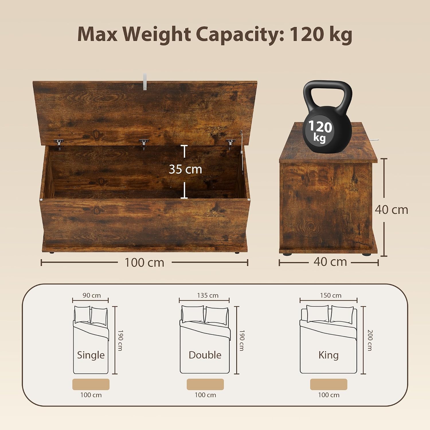 Thumbnail 2 de HOMCOM Large 113L Storage Chest – Rustic Brown Blanket Box & Shoe Bench (100 x 40 x 40 cm)