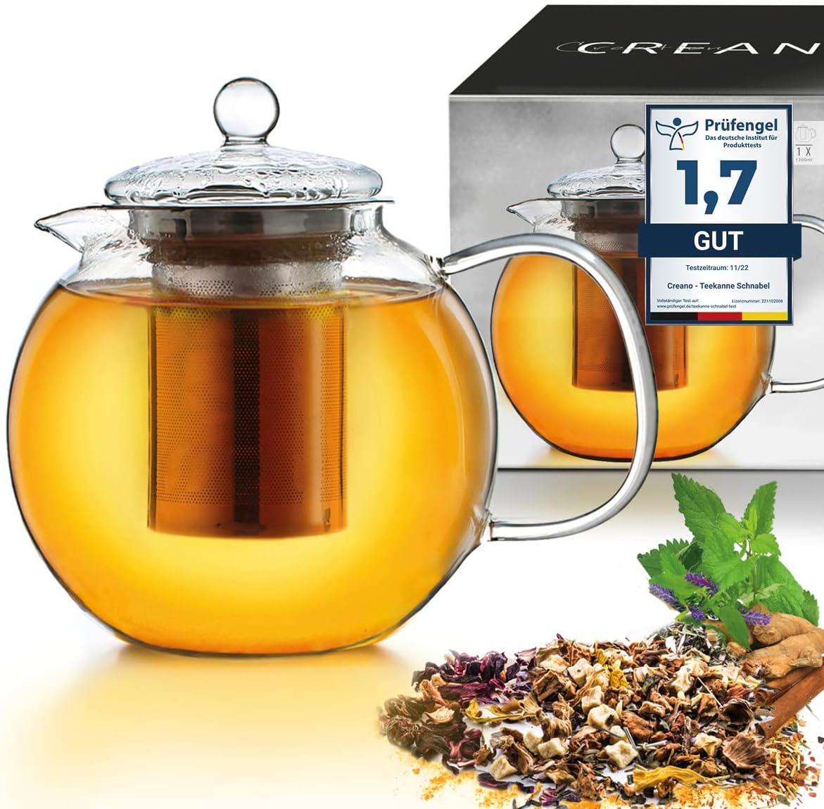 Detalle de Creano 056 glazen theepot Snavel, 1,3 liter met RVS-filter