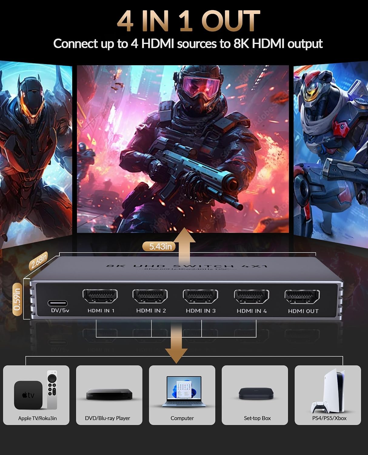 Thumbnail 4 de HDMI Splitter 4K 240Hz 4-in-1 Out mit Fernbedienung – 8K60Hz HDMI2.1