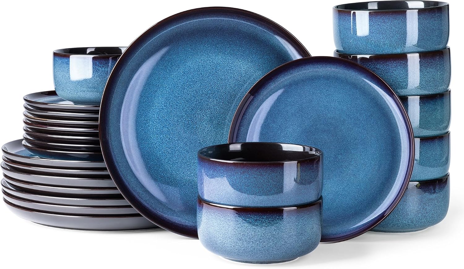 Detalle de LERATIO Ceramic Dinnerware Set for 8 — Stoneware, Reactive Glaze, 24-Piece Service for 8, Blue
