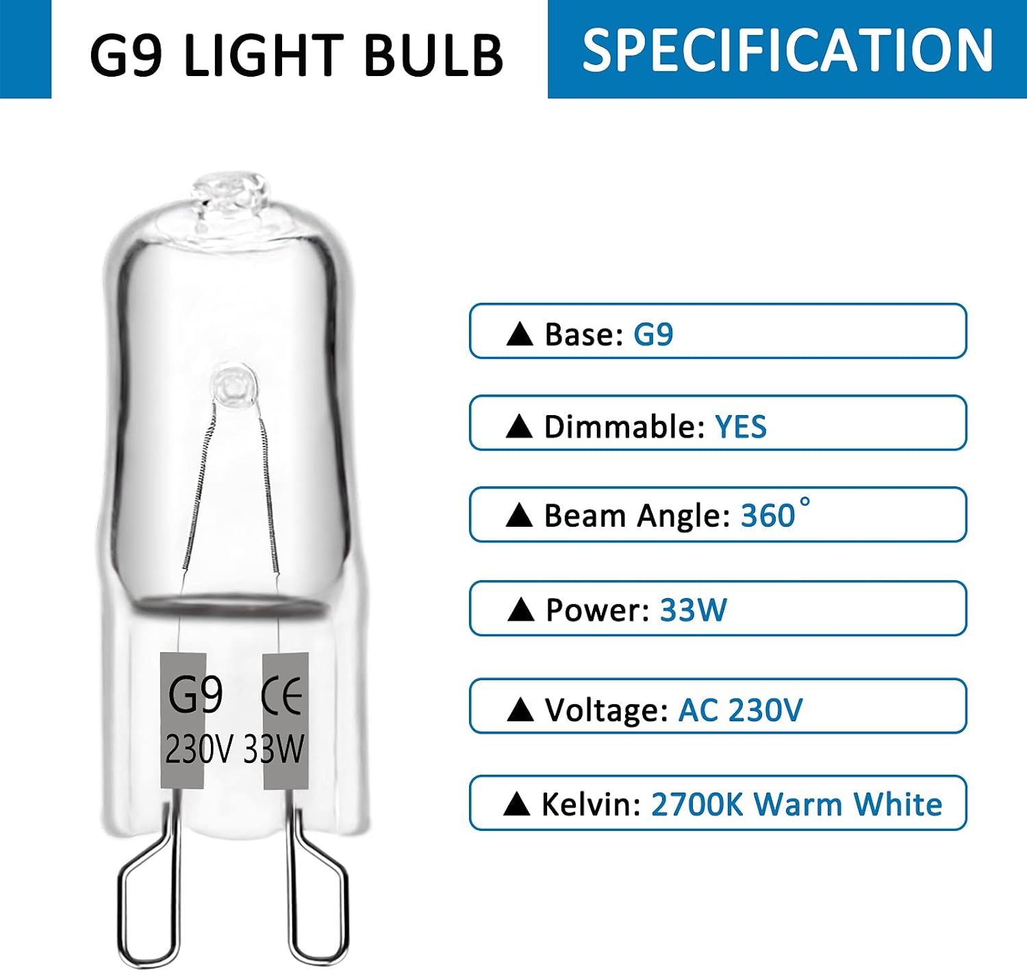 Detalle de SCNNC G9 Halogenlampe 33 W, 230 V, 2700 K (warmweiß) – dimmbar, 12er-Set