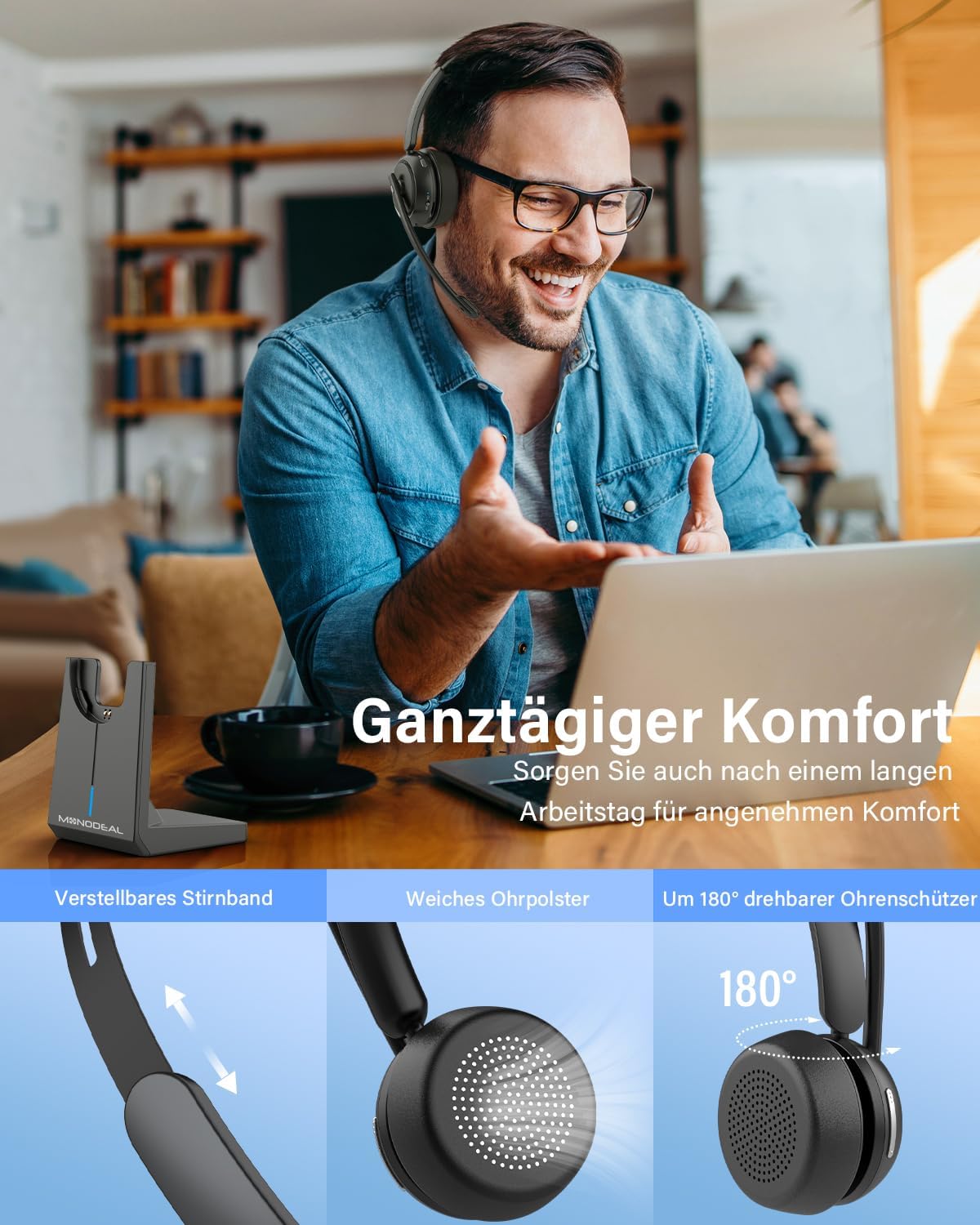 Thumbnail 3 de MONODEAL Bluetooth Headset mit Mikrofon – kabellose Lösung für Büro, Callcenter & Zoom