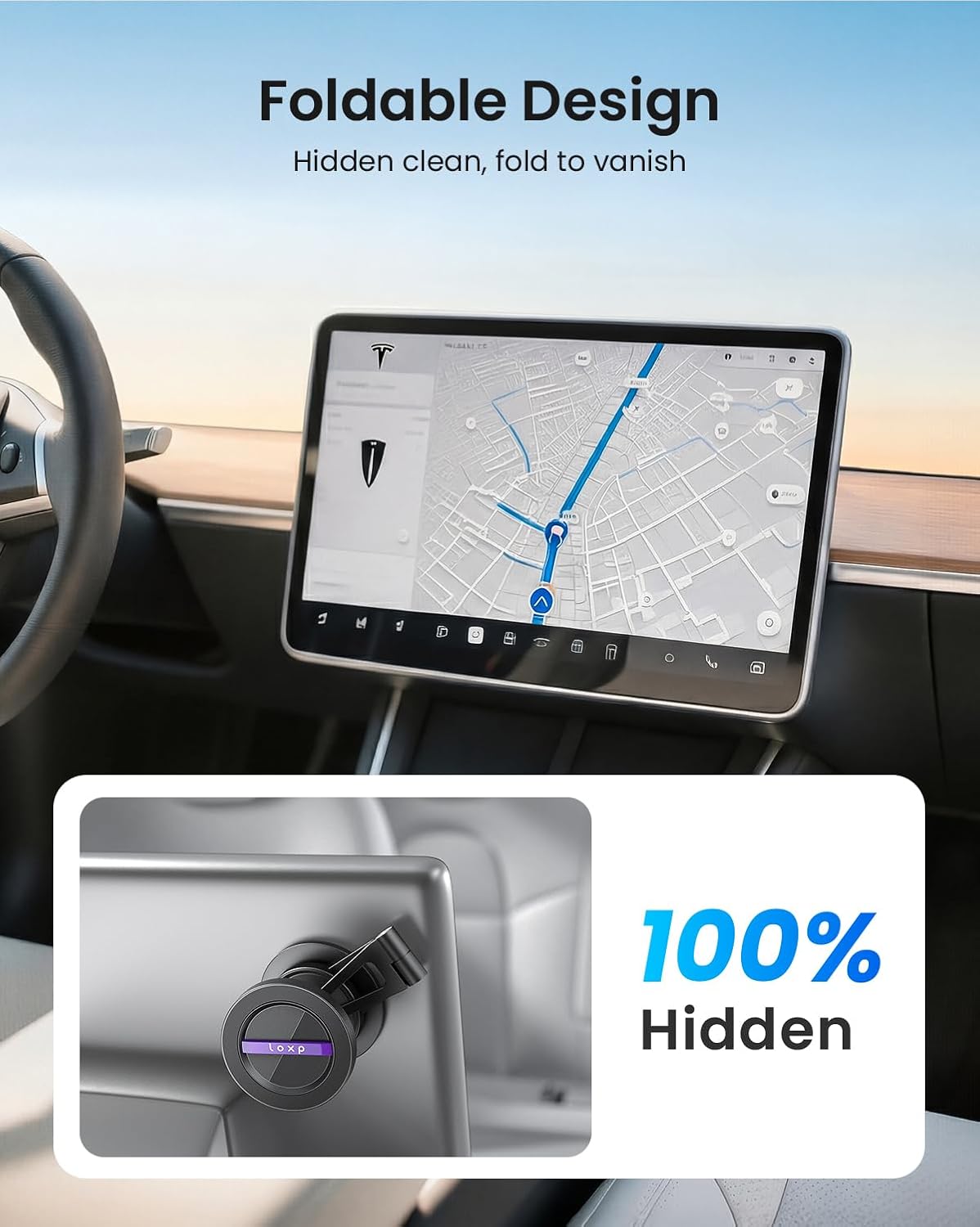 Detalle de LOXP Upgrade Tesla Phone Mount: Strong Magnetic, Foldable Aluminum Car Mount for Model 3/Y and Juniper, 360° Rotating iPhone 17 Pro Max Ready