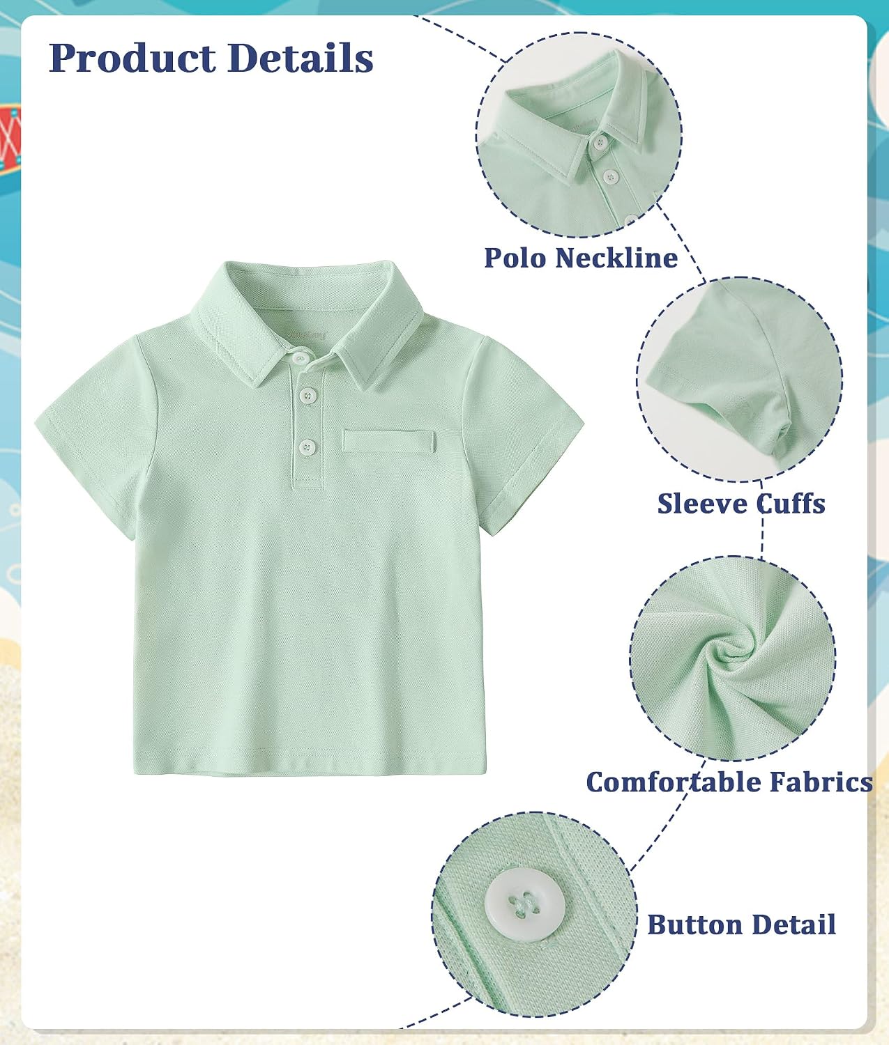 Detalle de Volunboy Toddler Boys Summer Clothes: Short Sleeve Polo & Elastic Shorts Set (1–6 Years)