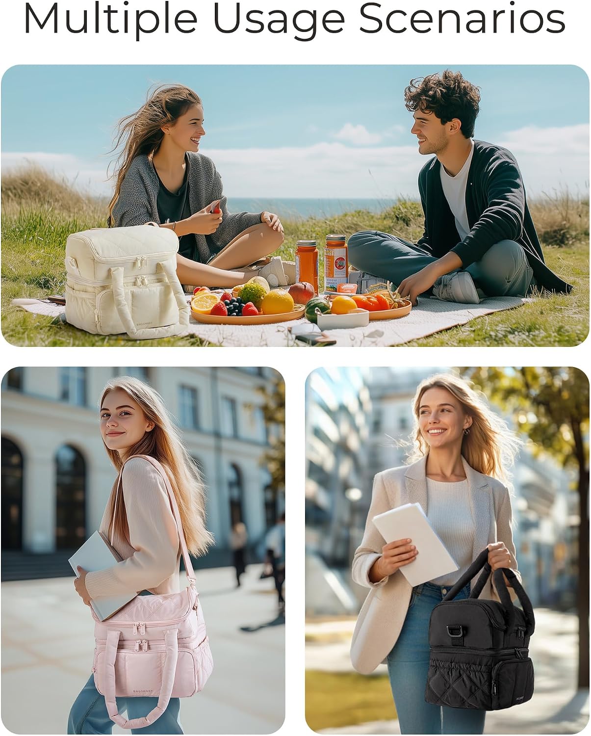 Thumbnail 4 de BAGSMART Double Deck Insulated Lunch Bag for Women (Quilted Puffer, Leakproof Cooler Tote) — Camel