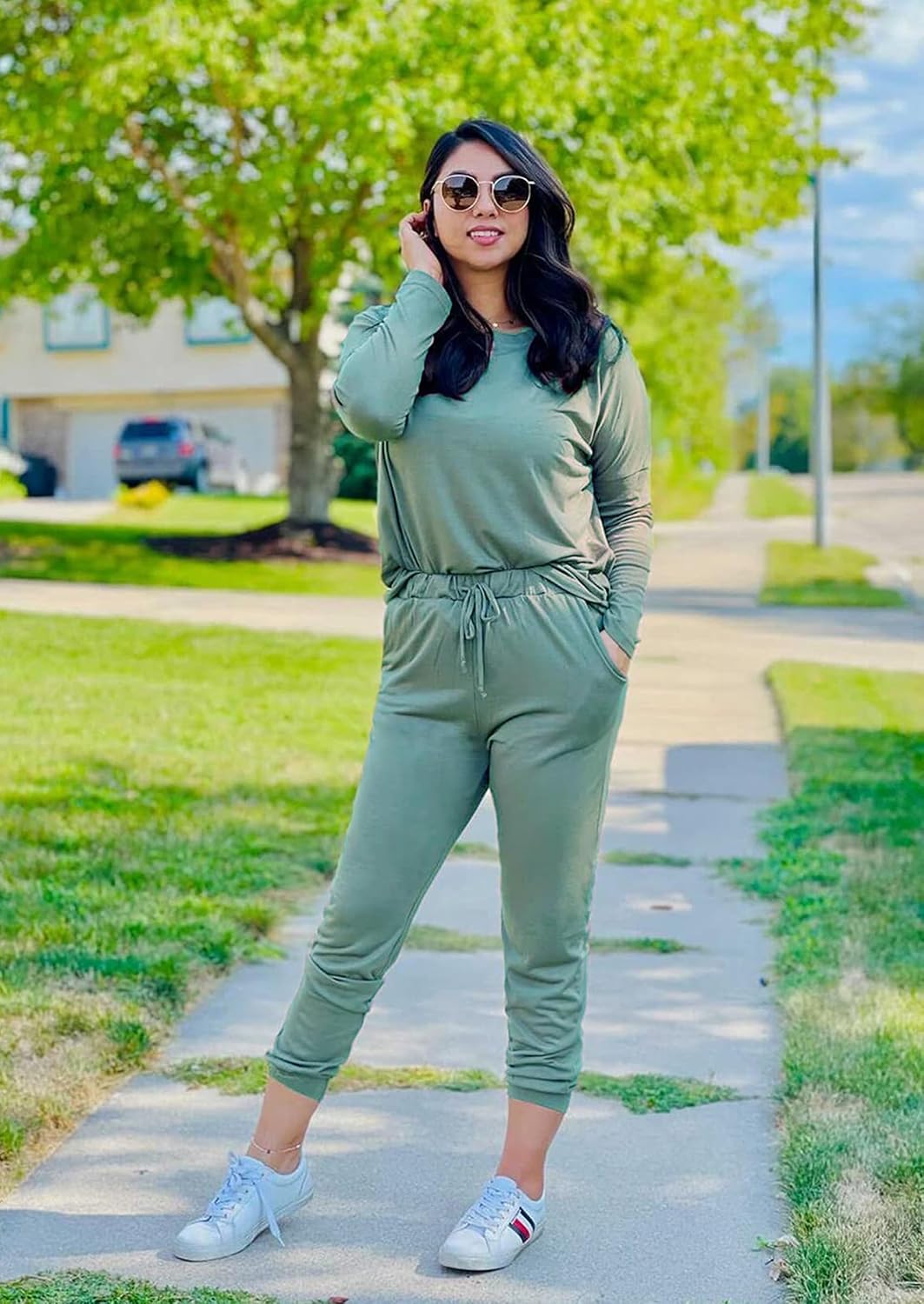 Detalle de PRETTYGARDEN Women Fall 2 Piece Lounge Outfit: Long Sleeve Top & High-Waisted Jogger Pants Set