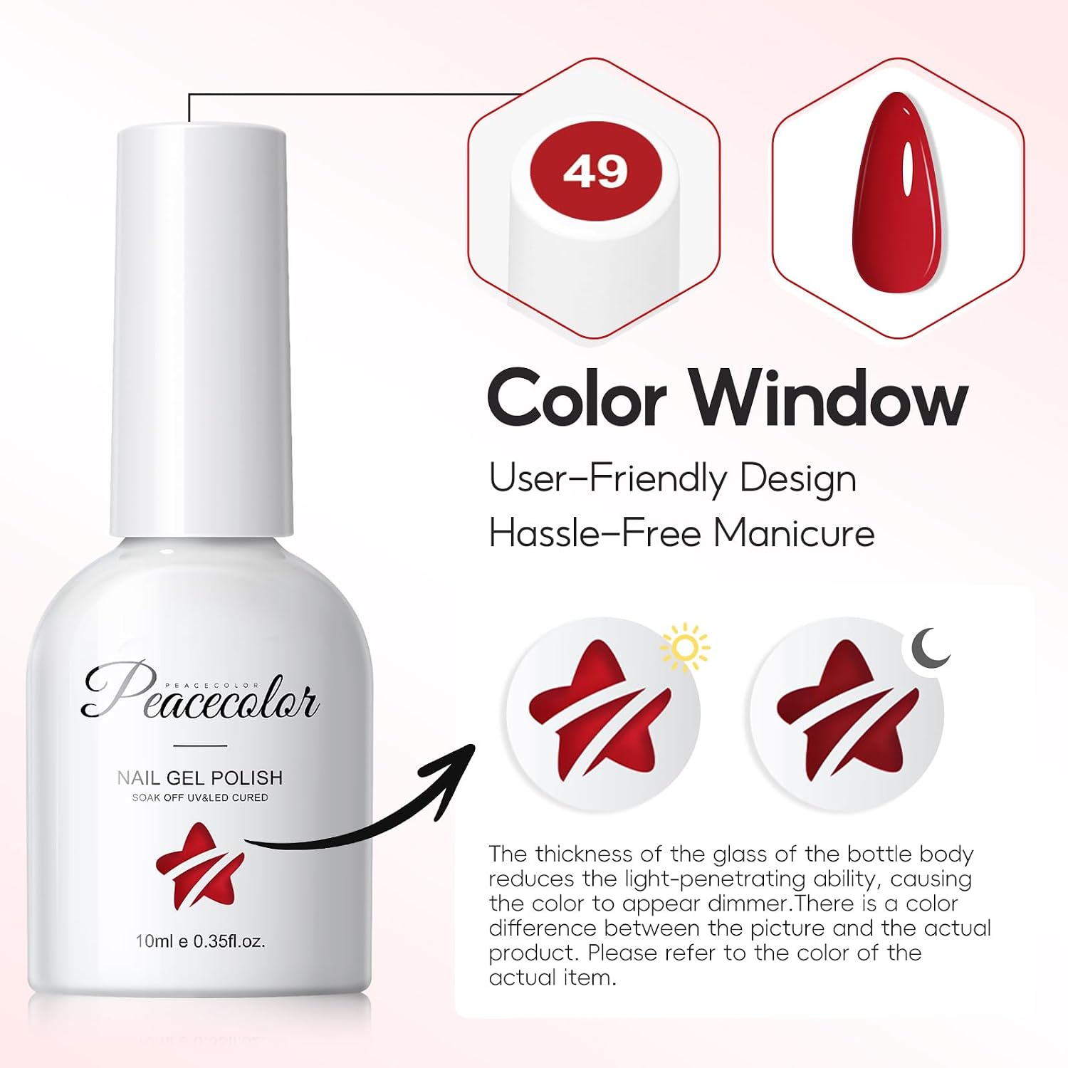 Detalle de PEACECOLOR set de vernis semi-permanent UV 6 couleurs : blanc, rouge, noir, argent et doré (10 ml)