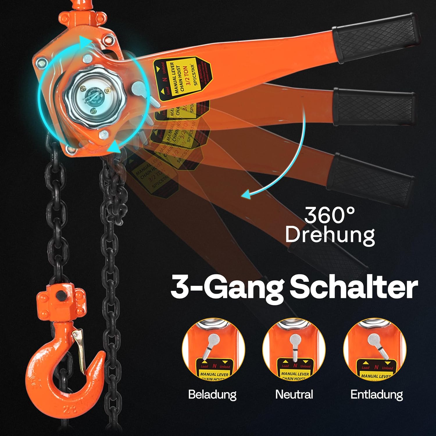 Detalle de SPECSTAR Hebelzug 1500 kg – Manueller Kettenzug mit 360° drehbarem Haken, G80 Kette, 3 m Hubhöhe