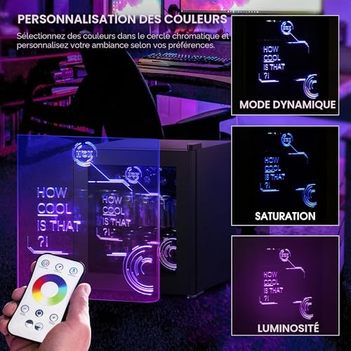 Detalle de HCK Mini Frigo Cyberpunk 48L — Réfrigérateur pour boissons silencieux, éclairage néon et porte verres