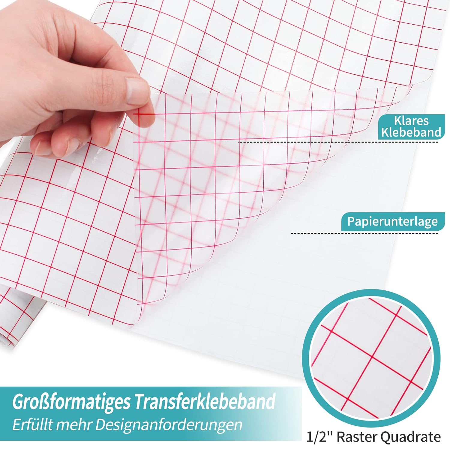 Detalle de Transferfolie Plotter für Vinyl 30,5 cm x 10 m mit rotem Raster – Übertragungsband für Cricut, Silhouette & Cri-cut