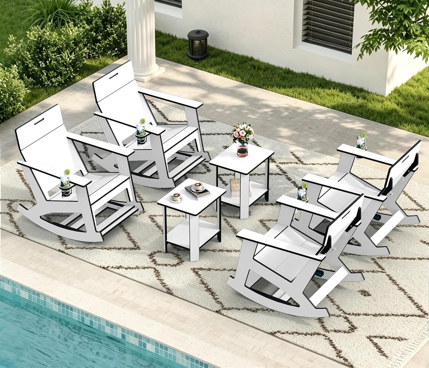 Detalle de Ciokea bistro set White HDPE Patio Set with 2 Tables and 4 Rocking Chairs