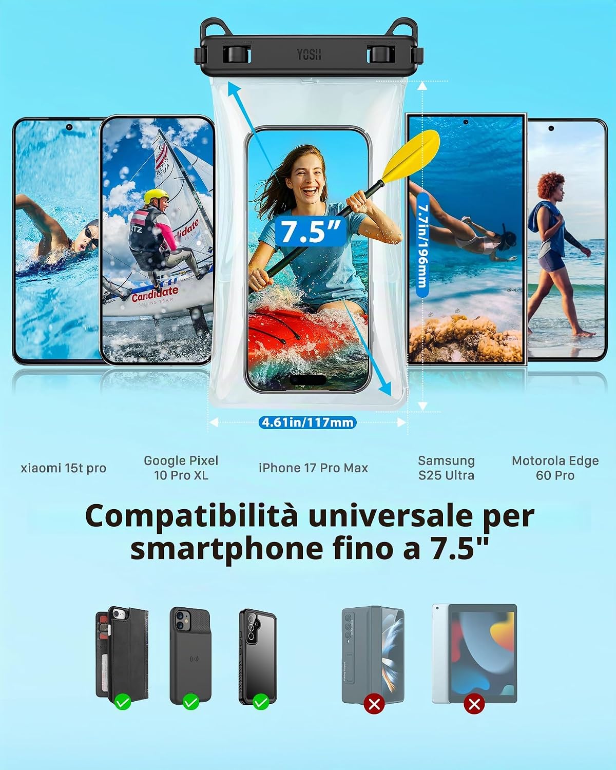 Detalle de YOSH Galleggiante Custodia Impermeabile per Smartphone – 3D senza cuciture, IPX8, fino a 7,5