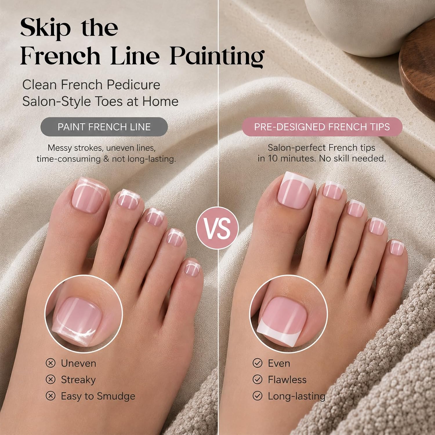 Detalle de Beetles DT102 French Tip Press-On Toenails, Glossy Pink Short Square, 150-Piece