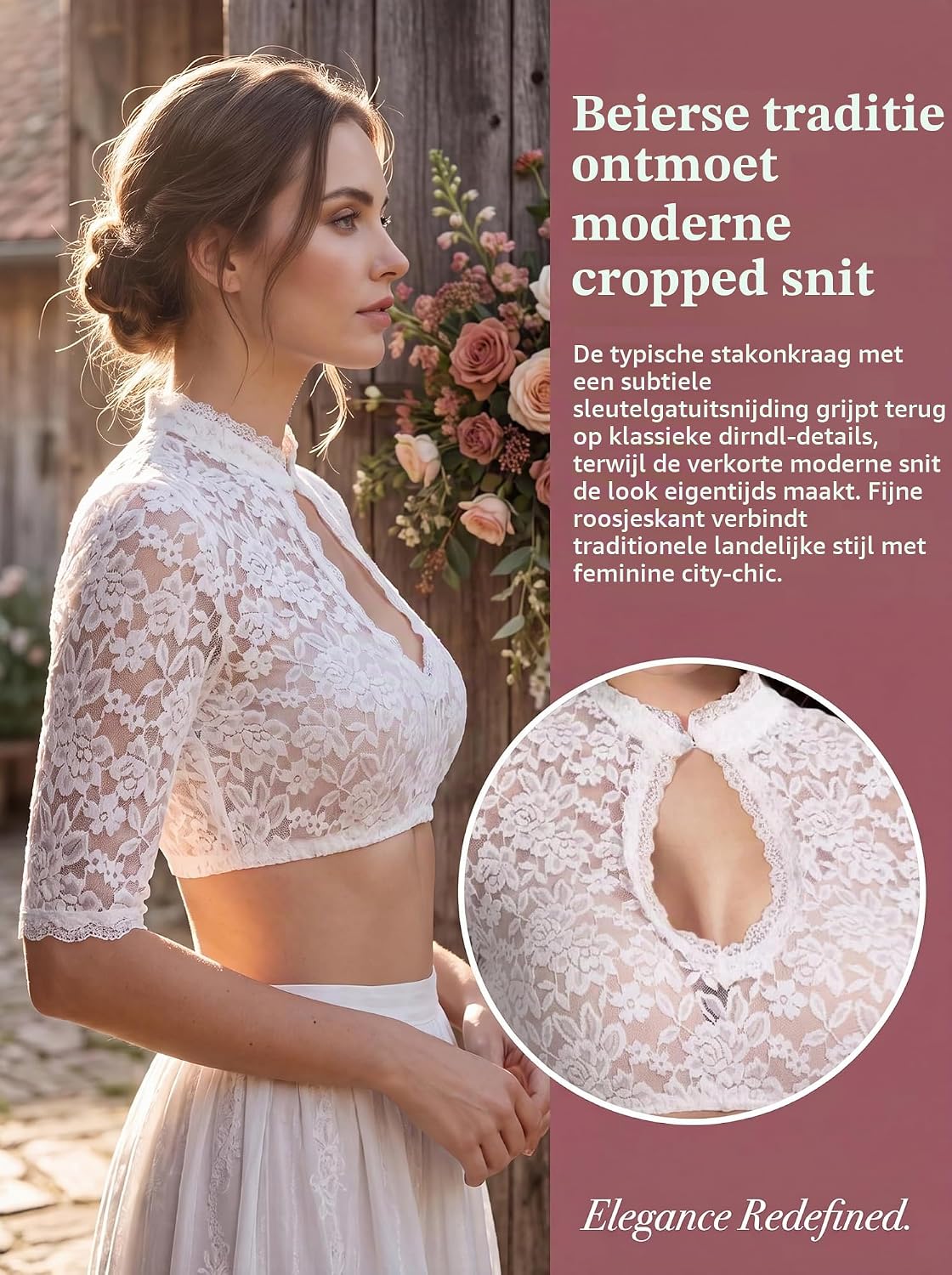 Thumbnail 4 de LEKMBBY 1416 dirndlblouse met witte bloemenkant, opstaande kraag en halve mouwen
