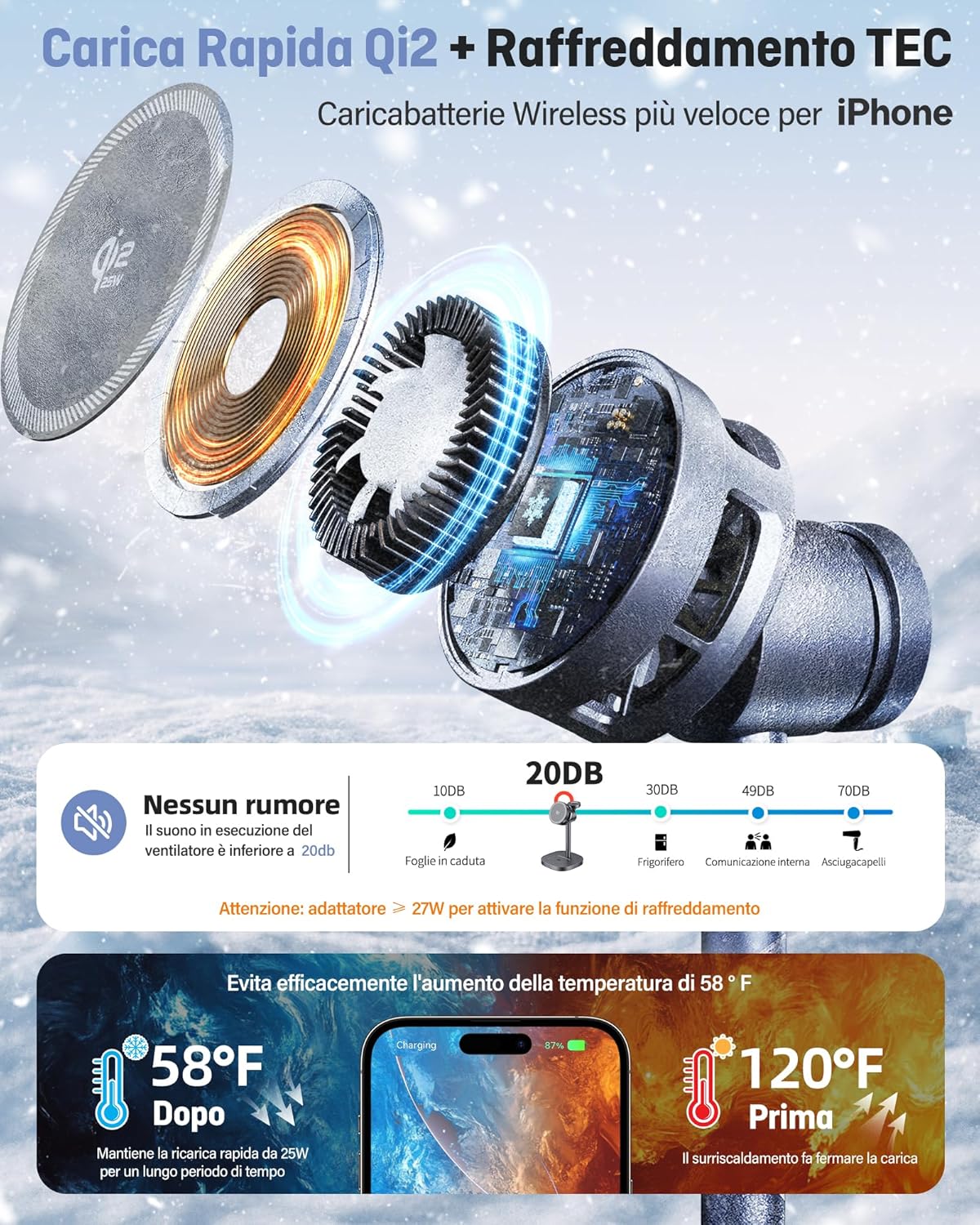 Thumbnail 3 de Augnner 3 in 1 Caricatore Wireless Qi2.2 25W con Mag-Safe, raffreddamento attivo e stazione MagSafe per iPhone e Apple Watch/AirPods