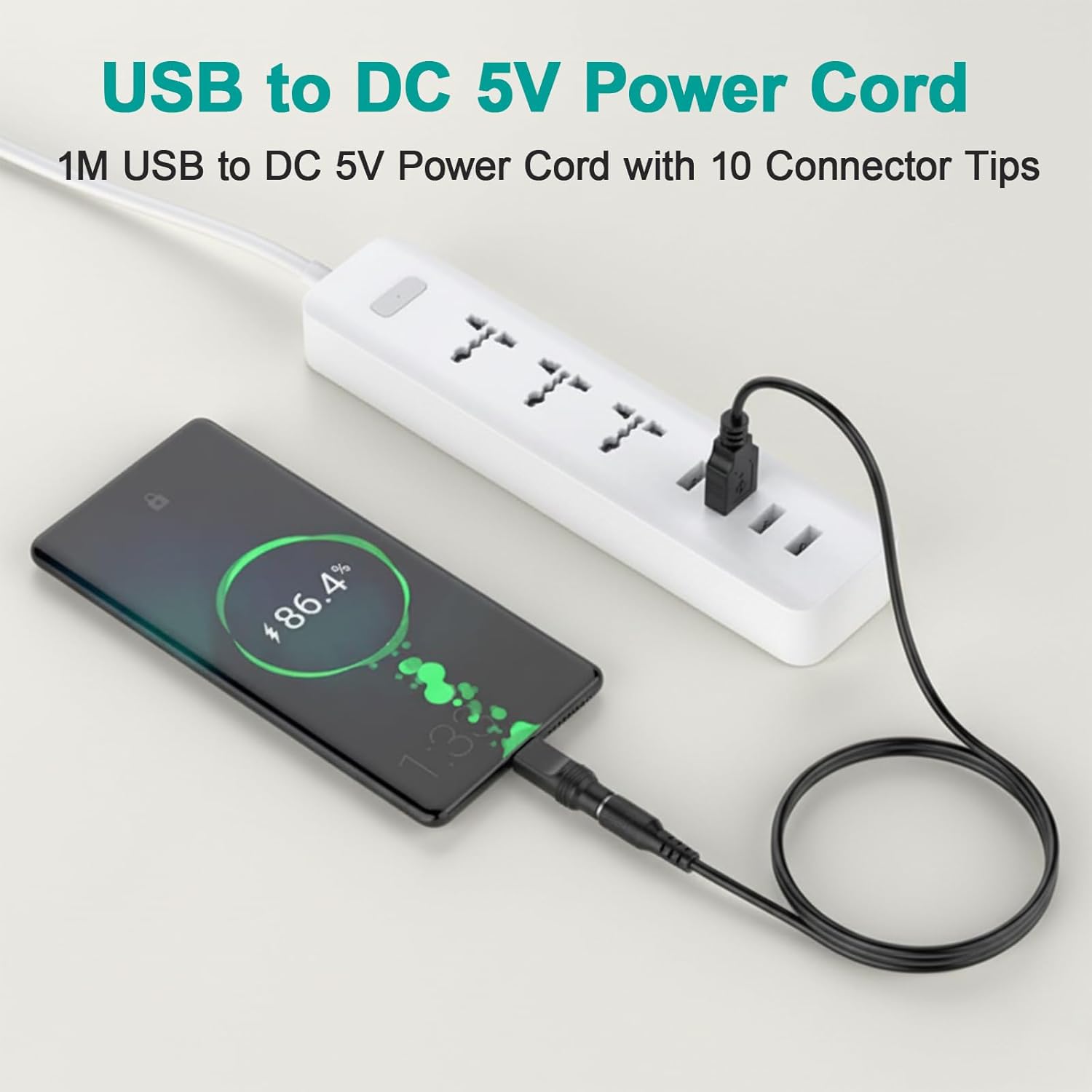 Thumbnail 2 de 1M USB to DC 5V Power Cord with 10 Connector Tips for Mini Projectors and More