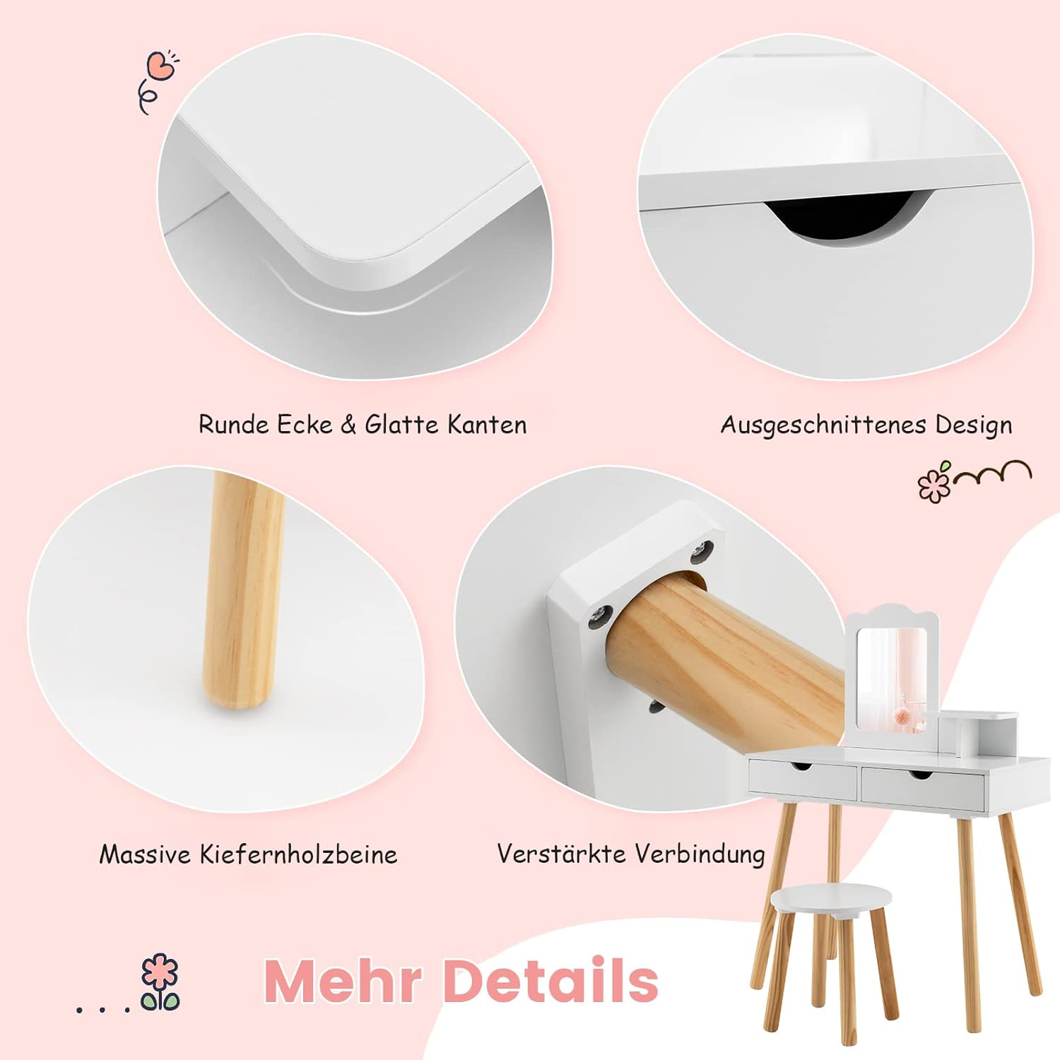 Thumbnail 3 de COSTWAY set da toeletta bambini 2 in 1 con tavolo, sgabello e specchio rimovibile (3-7 anni)