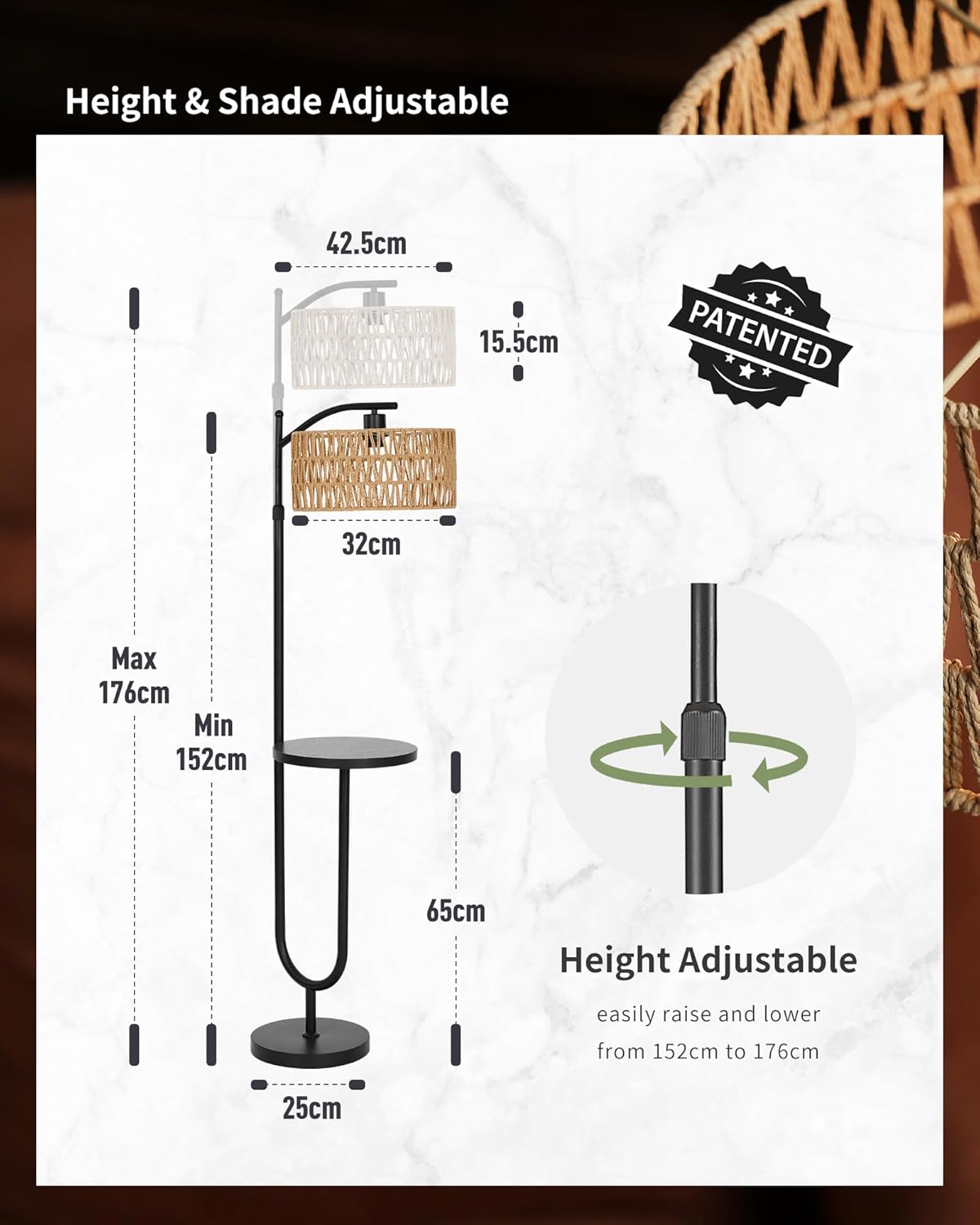 Detalle 2 de LuminexDesigns Stehlampe Wohnzimmer Vintage Rattan – Höhenverstellbar, E27, Ablage, Fußschalter, Schwarz-Beige