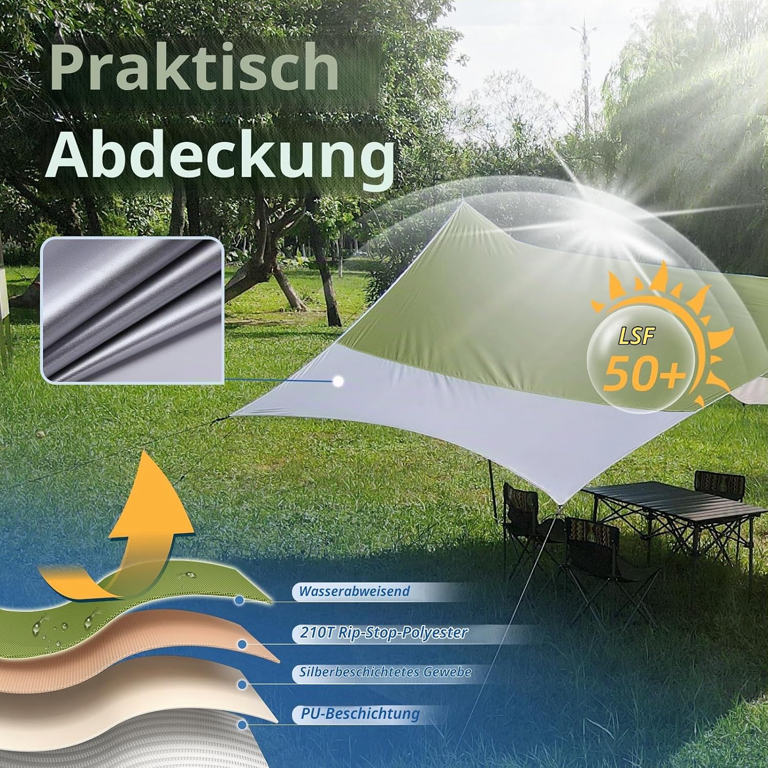Detalle de Forceatt Zeltplane 3,7 × 4,3 m: Ultraleicht, wasserdicht und UV-schutz für Camping, Wandern und Outdoor