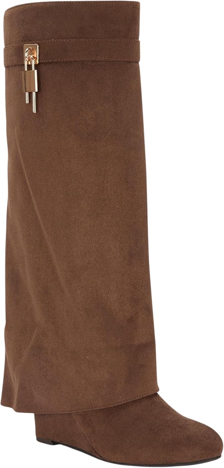 Detalle 2 de sole london Ladies’ Knee-High Fold-Over Boots, Black Faux Suede, 4-Inch Block Heel