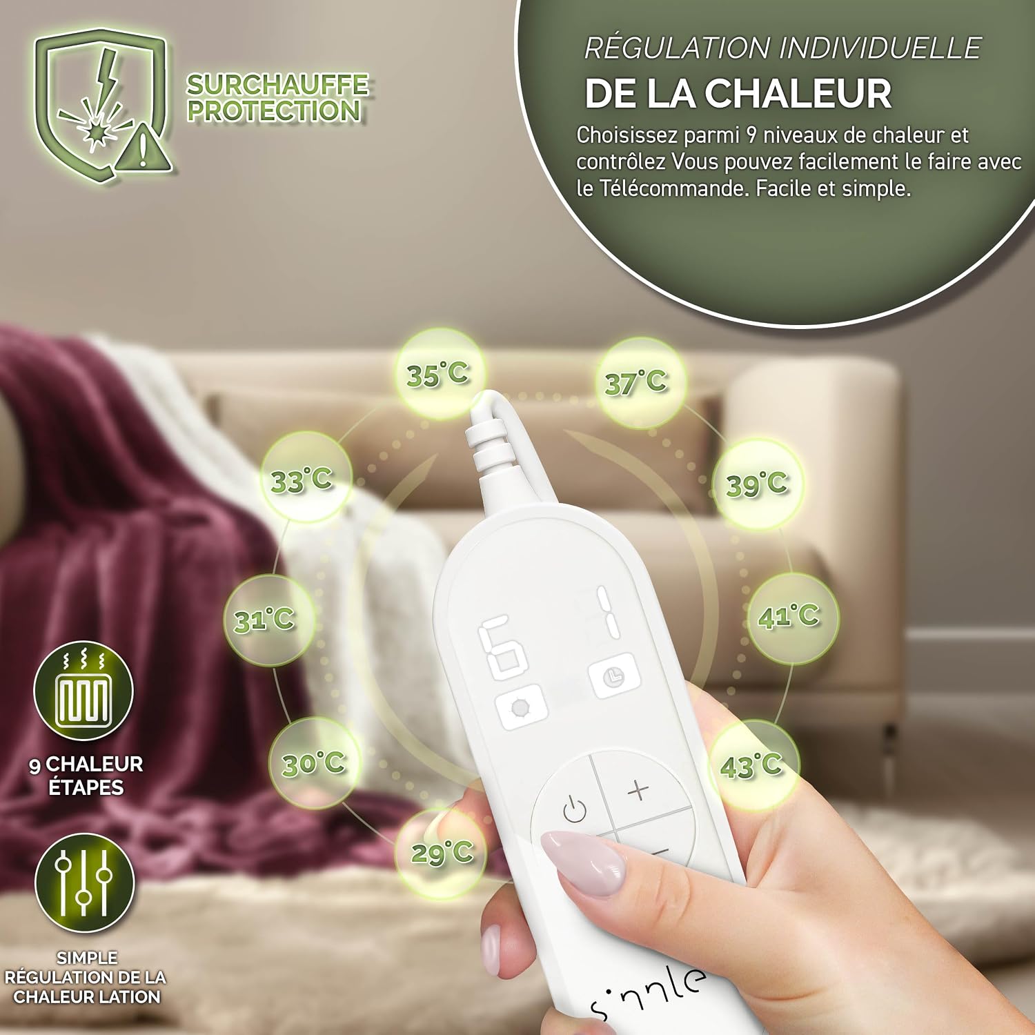 Detalle de sinnlein® Couverture chauffante 180 x 130 cm avec arrêt automatique – Douillette, lavable