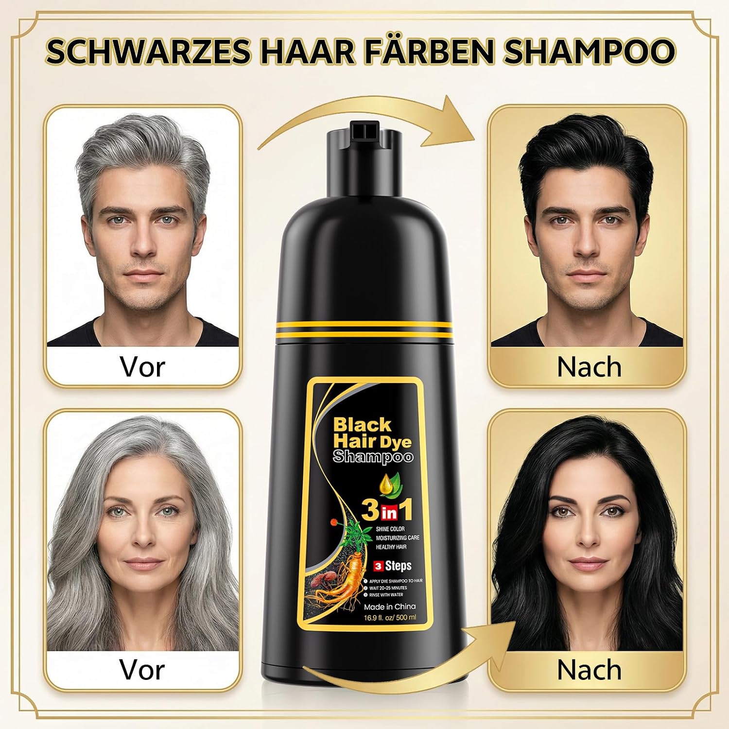 Detalle 2 de JUANCHI Schwarzes Haarfärbeshampoo 3-in-1 für graues Haar – Haarfärbeshampoo Schwarz, 500 ml