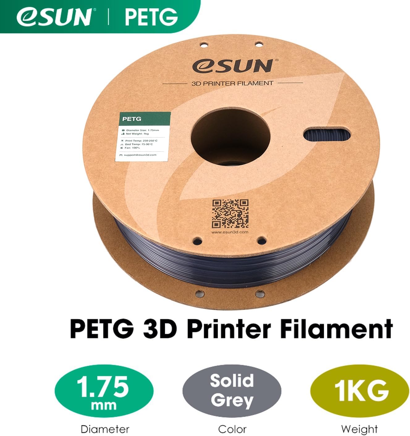 Detalle 2 de eSUN Filamento PETG 1.75mm - Gris Sólido para 3D 🖨