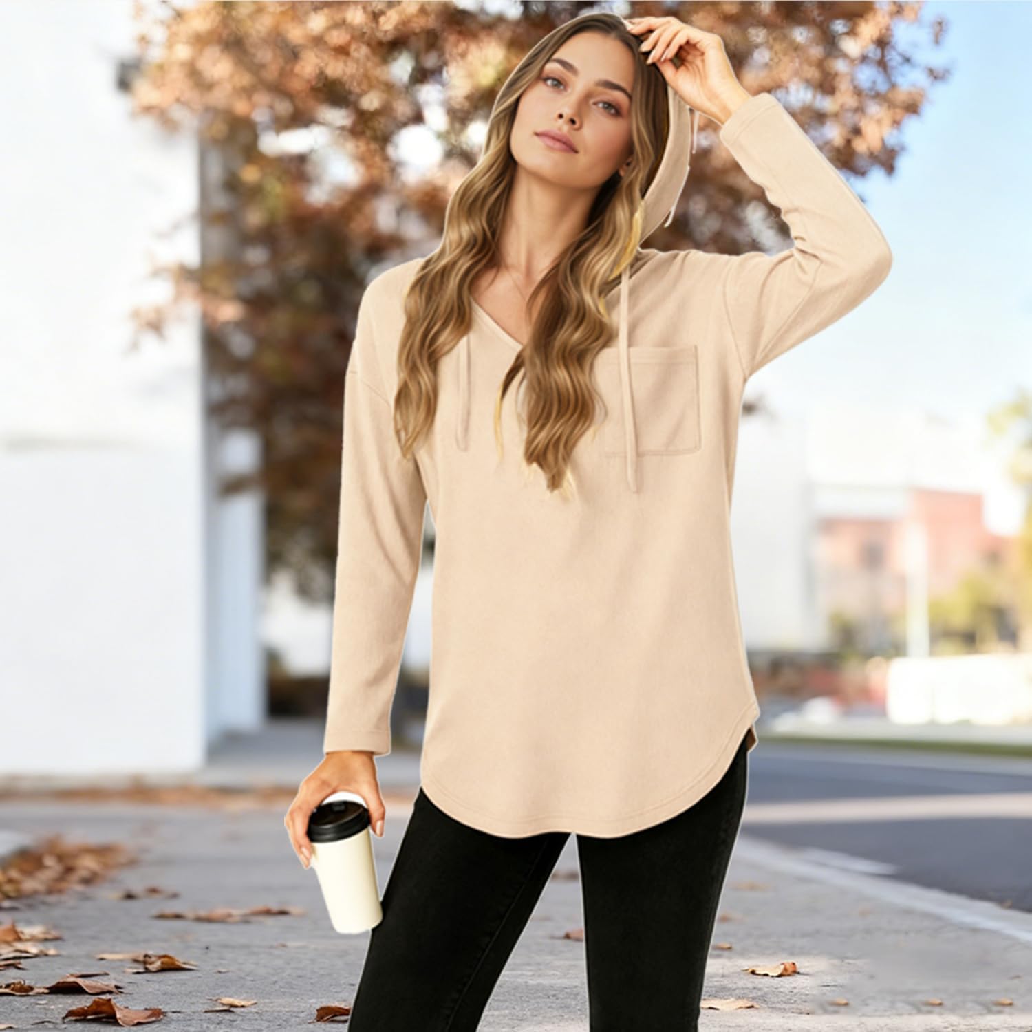 Detalle de Enjyam Damen Kapuzenpullover V-Ausschnitt Hoodie – Oversized Übergangsovershirt