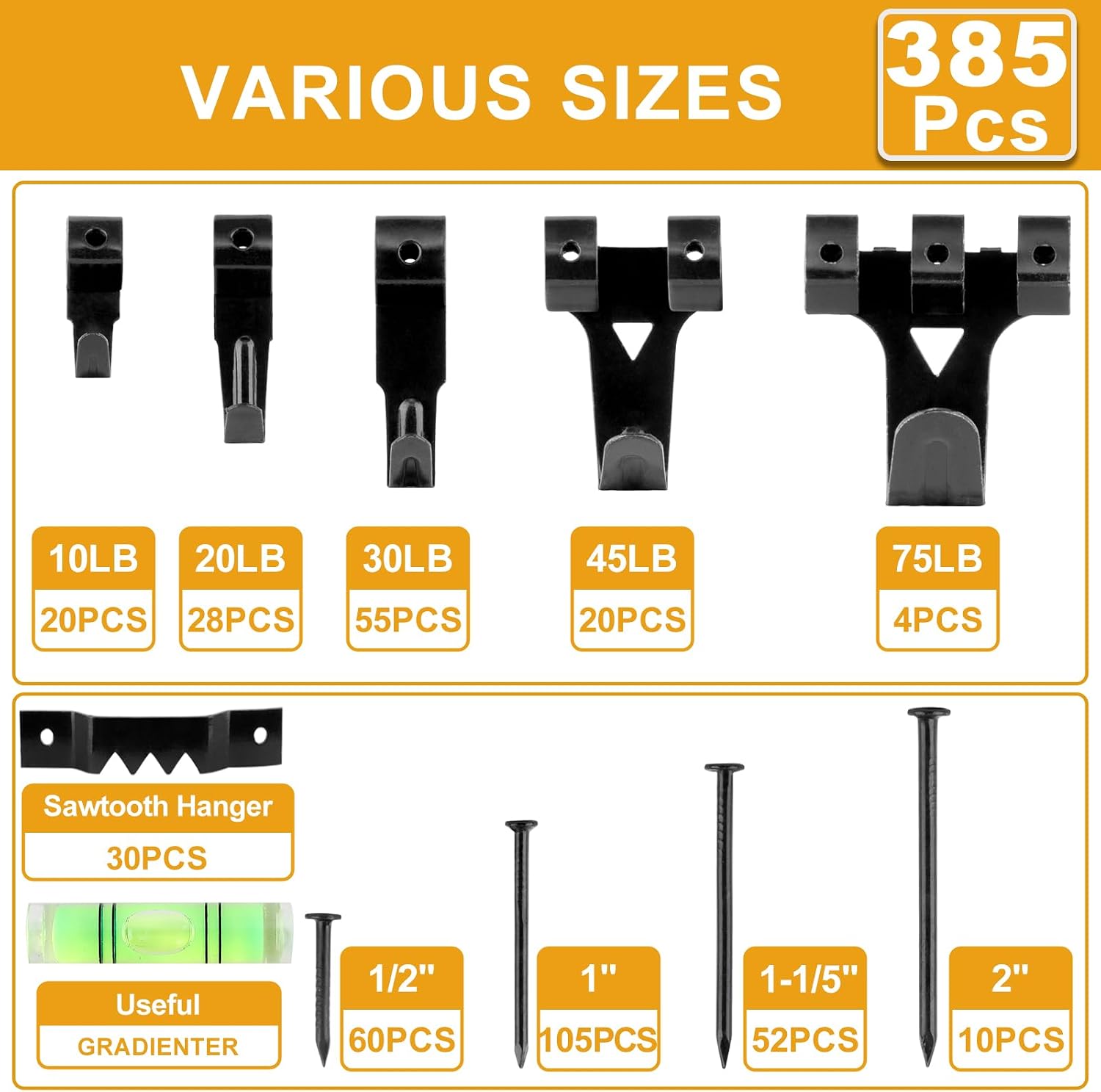 Detalle de KURUI PH385B Picture Hanging Kit, 385-Piece Carbon Steel Assortment with Tool