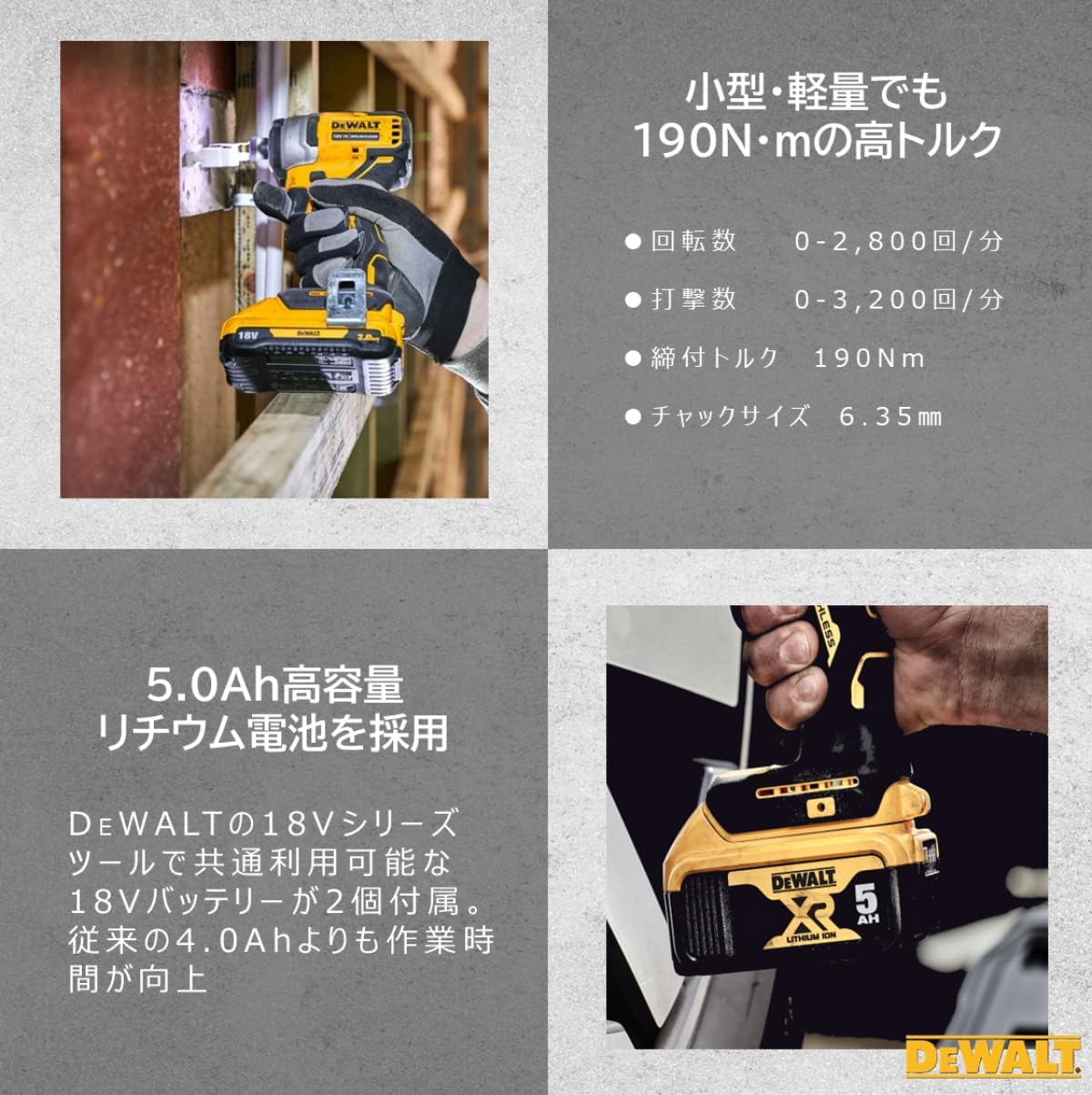 Detalle 2 de DEWALT DCF809P2-JP コードレスインパクトドライバー 18V・ブラシレスモーター・バッテリー2個付き