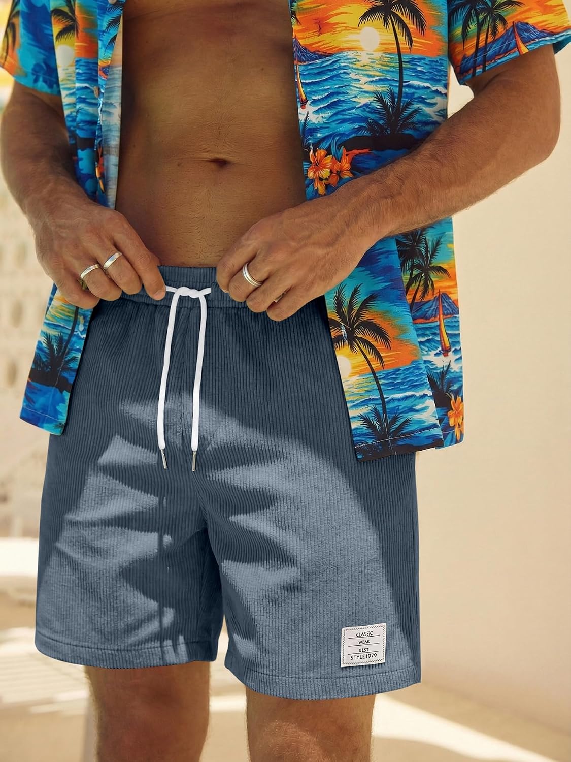 Detalle de JMIERR Corduroy Shorts Herren – Sommer-Freizeit-Shorts mit Leinen-Stretch, elastischem Bund und Taschen