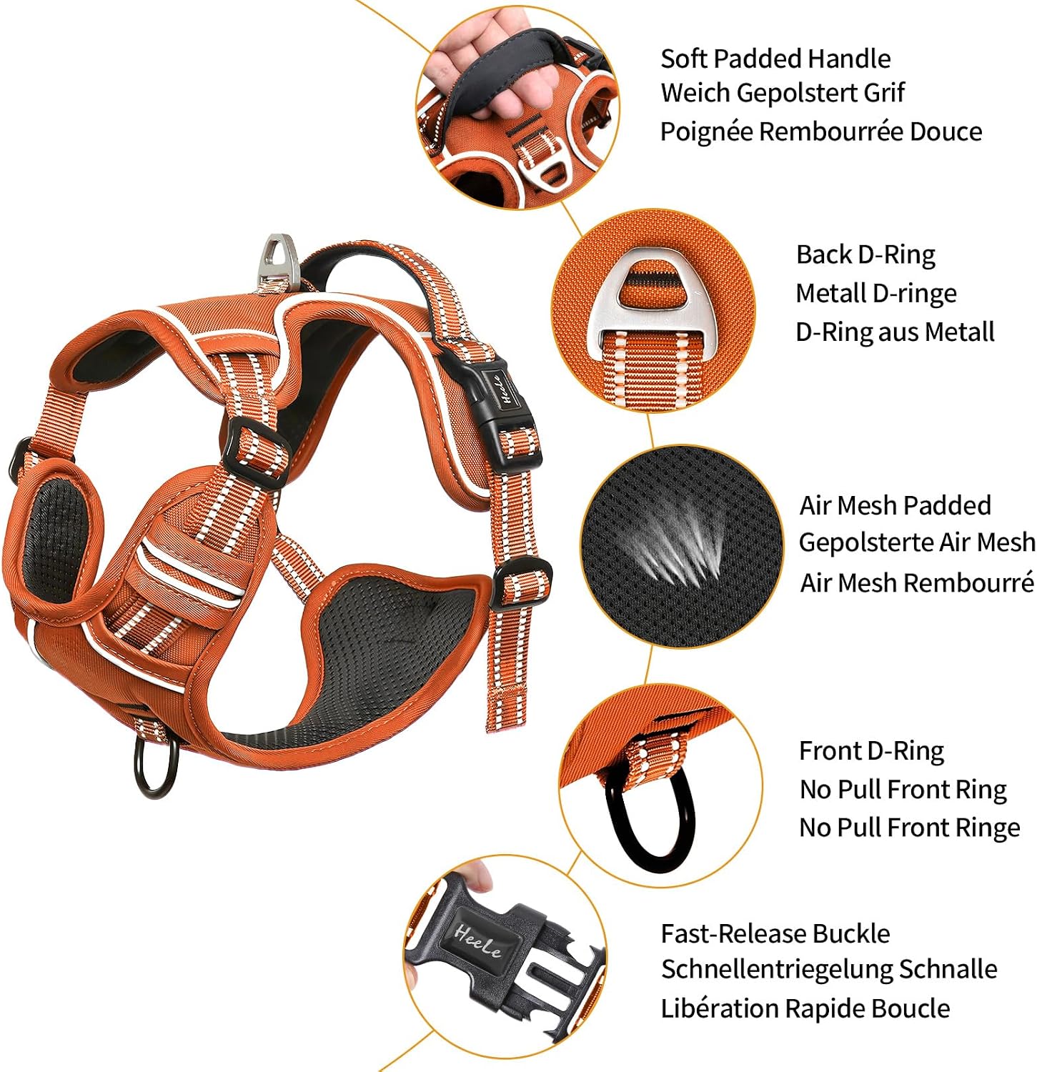 Thumbnail 3 de HEELE Dog Harness for Medium Dogs No Pull Vest Harness with Soft Padded Handle, Reflective, Pumpkin Orange, Size M