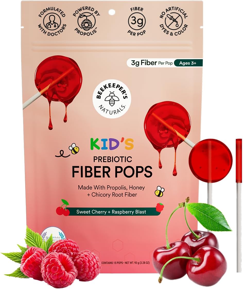 Detalle de Beekeeper’s Naturals Kids Prebiotic Fiber Lollipops, 3g Fiber, Honey, 15 Count