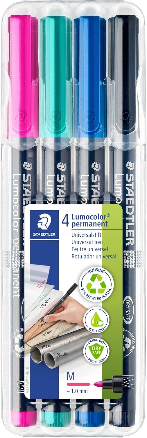 Detalle de Staedtler Lumocolor Permanent 317 – Étui Chevalet Box 4 feutres permanents, pointe moyenne 1 mm, assortis