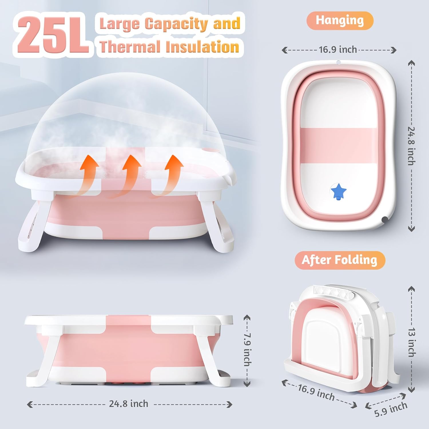 Thumbnail 4 de Rabb 1st Baby Badewanne faltbar für Neugeborene bis Kleinkinder (0–2 Jahre) in Rosa – mit rutschfester Matte und Abflussloch