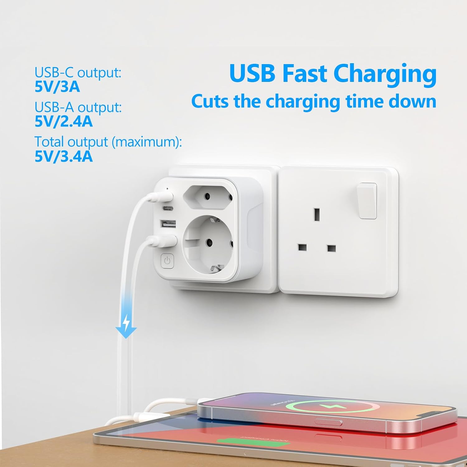 Thumbnail 2 de JSVER Adaptateur prise anglaise pour voyage France/Europe vers UK – 2 USB-C, 2 USB-A, 3680 W (Type G, blanc)