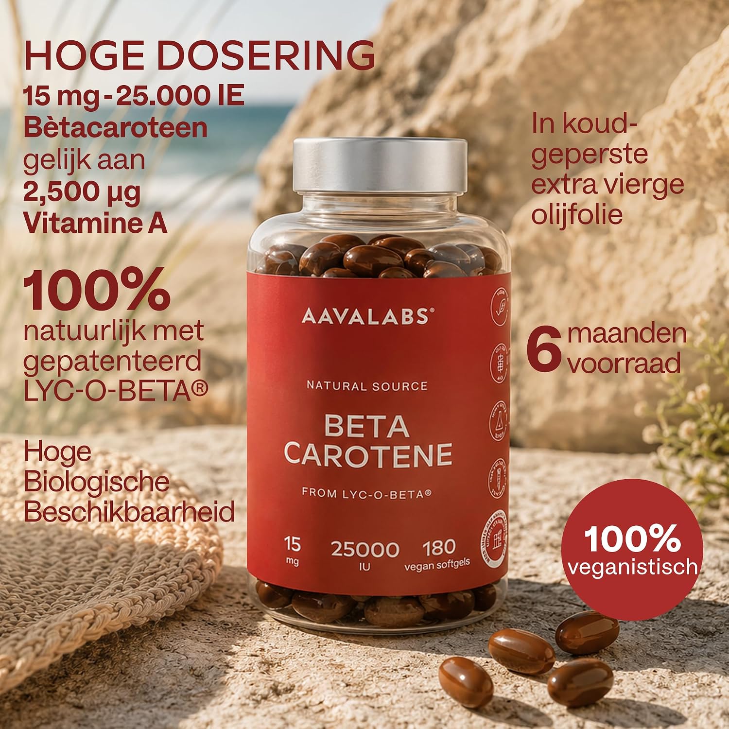 Detalle de AAVALABS Bèta-caroteen 25.000 IE, 180 vegan softgels met Lyc-O-Bèta