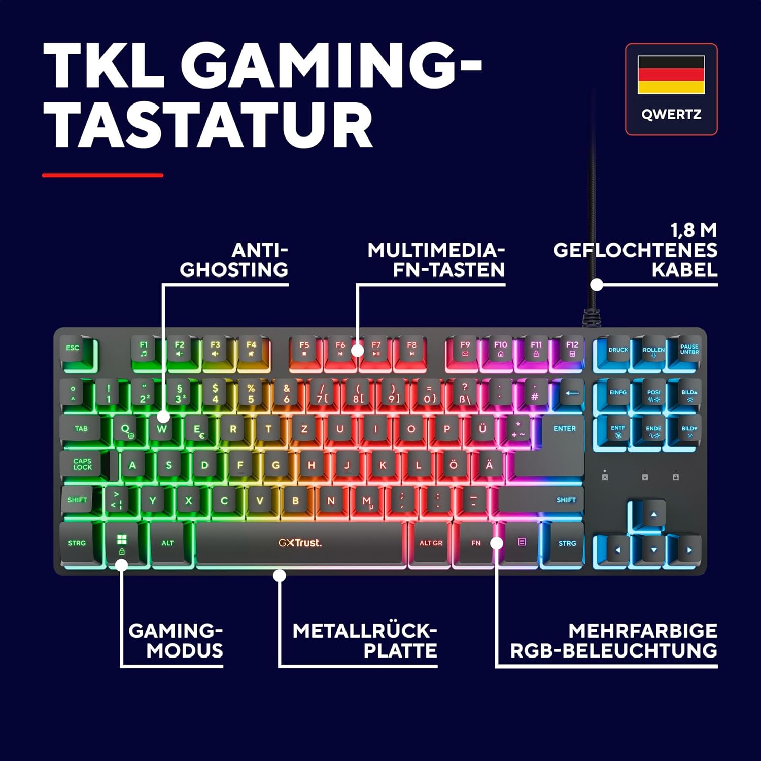 Thumbnail 1 de GXTrust 833 Thado TKL Gaming-Tastatur (QWERTZ) – kompakte 80%-Bauform, Metall, Anti-Ghosting & LED