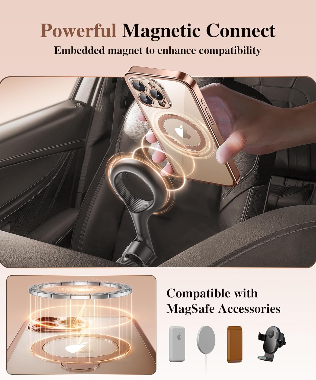 Detalle de BERFY iPhone 16 Pro Max Case with MagSafe, Built-in 9H Glass Screen Protector, and 360° Rotating Stand – Clear Rose Gold